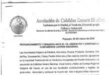 Pronunciamiento y Denuncia Ante el Vil Asesinato y Atentado a Compañeros Lideres Indígenas