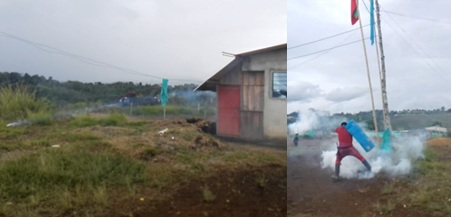 A la derecha tanquetas lanzando gas lacrimógeno a la izquierda gases y banderas que posteriormente fueron incineradas por la fuerza pública 