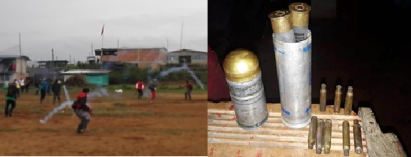 A la derecha ingreso de fuerza pública a una vivienda y disparos desde el balcón; a la izquierda artefactos recogidos luego de la incursión de la Fuerza Pública.