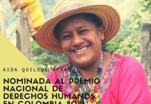 Líder indígena Aida Marina Quilcué Vivas nominada al premio Nacional de Derechos Humanos en Colombia en su versión 2021.